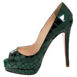 مملوكة مسبقًا حذاء كعب عالي كريستيان لوبوتان مقدمة مفتوحة Prive Mosaic بلاستيك مرآة وساتان أخضر مقاس 41