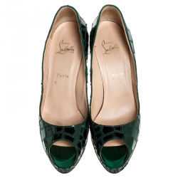 مملوكة مسبقًا حذاء كعب عالي كريستيان لوبوتان مقدمة مفتوحة Prive Mosaic بلاستيك مرآة وساتان أخضر مقاس 41