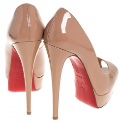 Pre Owned Christian Louboutin Beige Patent Leather Lady Peep Toe Platform Pumps Size 37