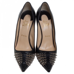 Pre Owned Christian Louboutin Black Leather Spike Pointed Toe Pumps Size 39