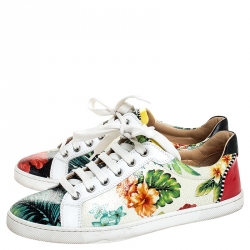 Pre Owned Christian Louboutin Multicolor Textured Floral Printed Patent Leather Hawaii Low Top Sneakers Size 38