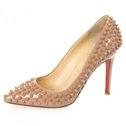 Pre Owned Christian Louboutin Nude Patent Pigalle Spikes 100mm Pumps Size 37