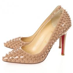 Pre Owned Christian Louboutin Nude Patent Pigalle Spikes 100mm Pumps Size 37