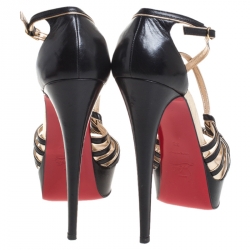 Pre Owned Christian Louboutin Black/Gold Leather Strappy Platform Sandals Size 38