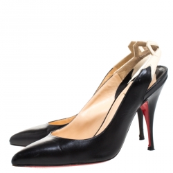 Pre Owned Christian Louboutin Black Leather And White Bow Slingback Pointed Toe Sandals Size 36