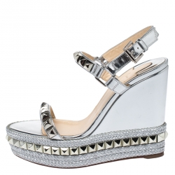 Pre Owned Christian Louboutin Metallic Gold Leather Pyraclou Pyadiam Studded Platform Ankle Strap Sandals Size 37