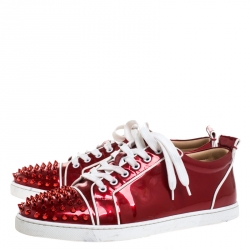 Christian Louboutin Red Patent Leather And White Leather Trim Louis Junior Spikes Sneakers Size 42