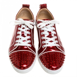 Christian Louboutin Red Patent Leather And White Leather Trim Louis Junior Spikes Sneakers Size 42