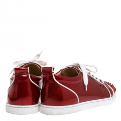 Christian Louboutin Red Patent Leather And White Leather Trim Louis Junior Spikes Sneakers Size 42