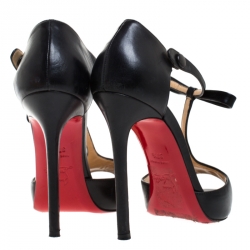 Pre Owned Christian Louboutin Black Leather T-Bar Bow Detail Peep Toe Pumps Size 37.5