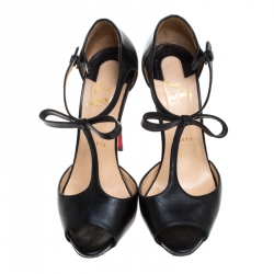Pre Owned Christian Louboutin Black Leather T-Bar Bow Detail Peep Toe Pumps Size 37.5