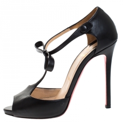 Pre Owned Christian Louboutin Black Leather T-Bar Bow Detail Peep Toe Pumps Size 37.5