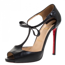 Pre Owned Christian Louboutin Black Leather T-Bar Bow Detail Peep Toe Pumps Size 37.5