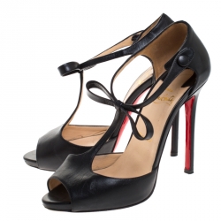 Pre Owned Christian Louboutin Black Leather T-Bar Bow Detail Peep Toe Pumps Size 37.5