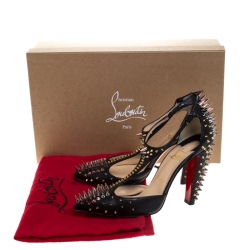 Pre Owned حذاء كعب عالي كريستيان لوبوتان غولدستراب مسامير جلد اسود مقاس 37.5