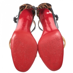 مملوكة مسبقًا Christian Louboutin Leopard Print Pony Hair And Patent Leather Athena Alta T-Strap Open Toe Sandals Size 38.5