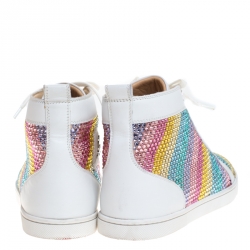 مملوكة مسبقًا Christian Louboutin White Crystal Embellished Suede Leather Louis High Top Sneakers Size 37