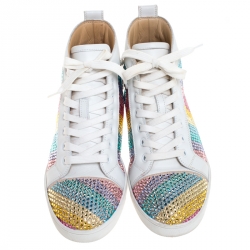 مملوكة مسبقًا Christian Louboutin White Crystal Embellished Suede Leather Louis High Top Sneakers Size 37