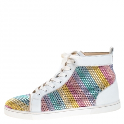 مملوكة مسبقًا Christian Louboutin White Crystal Embellished Suede Leather Louis High Top Sneakers Size 37