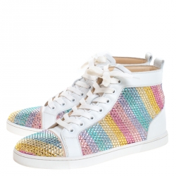مملوكة مسبقًا Christian Louboutin White Crystal Embellished Suede Leather Louis High Top Sneakers Size 37