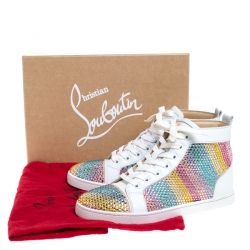 مملوكة مسبقًا Christian Louboutin White Crystal Embellished Suede Leather Louis High Top Sneakers Size 37