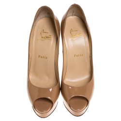Pre Owned Christian Louboutin Beige Patent Leather Lady Peep Toe Platform Pumps Size 37