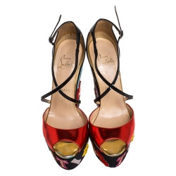 Pre Owned Christian Louboutin Red/Black Patent Leather Loubi Zeppa Crisscross Strass Wedge Platform Sandals Size 38