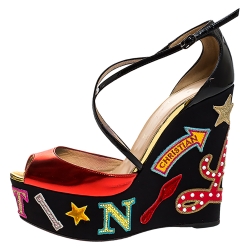 Pre Owned Christian Louboutin Red/Black Patent Leather Loubi Zeppa Crisscross Strass Wedge Platform Sandals Size 38