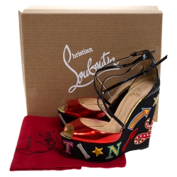 Pre Owned Christian Louboutin Red/Black Patent Leather Loubi Zeppa Crisscross Strass Wedge Platform Sandals Size 38