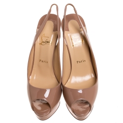 مملوكة مسبقًا Christian Louboutin Nude Beige Patent Leather Lady Peep Toe Platform Slingback Sandals Size 40