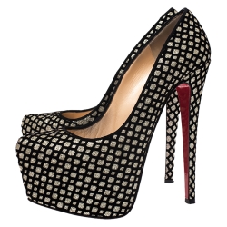 مملوكة مسبقًا حذاء كعب عالي كريستيان لوبوتان نعل سميك دفوديل سويدي وفلوك ذهبي /أسود غليتر مقاس 39