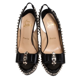 Pre Owned Christian Louboutin Black Spike Leather Lady Clou Platform Slingback Sandals Size 36