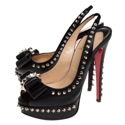 Pre Owned Christian Louboutin Black Spike Leather Lady Clou Platform Slingback Sandals Size 36