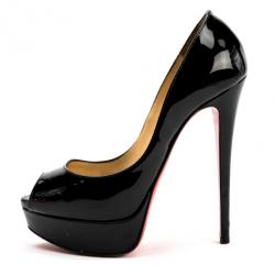 Pre Owned Christian Louboutin Black Patent Leather 'Lady Peep' Toe Platform Pumps Size 37