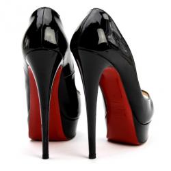 Pre Owned Christian Louboutin Black Patent Leather 'Lady Peep' Toe Platform Pumps Size 37
