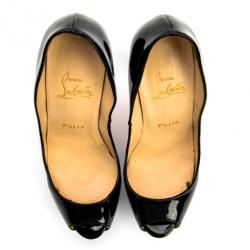 Pre Owned Christian Louboutin Black Patent Leather 'Lady Peep' Toe Platform Pumps Size 37
