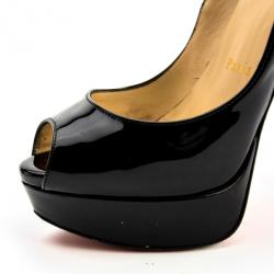 Pre Owned Christian Louboutin Black Patent Leather 'Lady Peep' Toe Platform Pumps Size 37