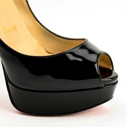 Pre Owned Christian Louboutin Black Patent Leather 'Lady Peep' Toe Platform Pumps Size 37