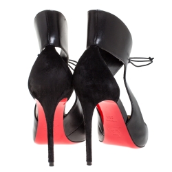 Pre Owned Christian Louboutin Black Leather France Lace Up Pointed Toe Pumps Size 38.5