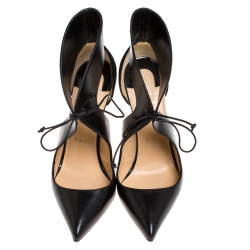 Pre Owned Christian Louboutin Black Leather France Lace Up Pointed Toe Pumps Size 38.5
