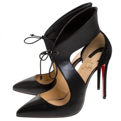 Pre Owned Christian Louboutin Black Leather France Lace Up Pointed Toe Pumps Size 38.5
