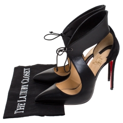 Pre Owned Christian Louboutin Black Leather France Lace Up Pointed Toe Pumps Size 38.5