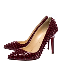 Pre Owned Christian Louboutin Red Patent Leather Follies Spikes Pointed Toe Pumps Size 38