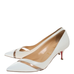 Pre Owned Christian Louboutin White Leather And PVC Trim 17th Floor Pointed Toe Pumps Size 38.5