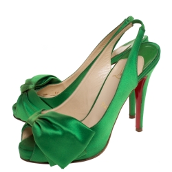 Pre Owned Christian Louboutin Green Satin Bow Embellished Slingback Platform Sandals Size 39.5