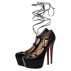 Pre Owned Christian Louboutin Black Leather Ghildarc Lace Up Platform Pumps Size 38