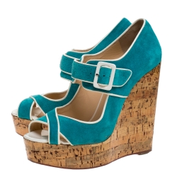 Pre Owned Christian Louboutin Blue Suede and Coated Cork Wedge Melides Sandals Size 38.5