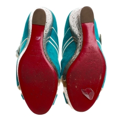 Pre Owned Christian Louboutin Blue Suede and Coated Cork Wedge Melides Sandals Size 38.5