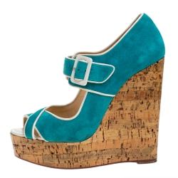 Pre Owned Christian Louboutin Blue Suede and Coated Cork Wedge Melides Sandals Size 38.5