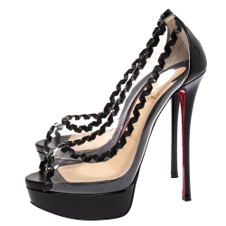 Pre Owned Christian Louboutin PVC and Black Patent And Leather Peep Toe Platform Fictoire Pumps Size 38
